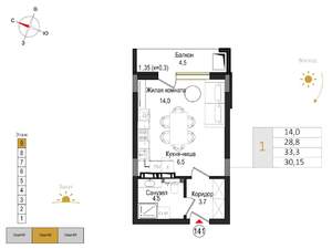 1-к квартира, вторичка, 30м2, 9/9 этаж