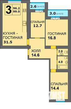 3-к квартира, строящийся дом, 100м2, 12/14 этаж
