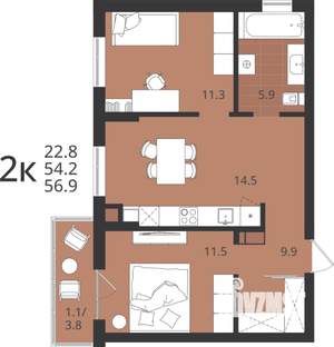 2-к квартира, вторичка, 54м2, 2/9 этаж