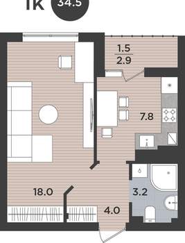 1-к квартира, вторичка, 35м2, 4/9 этаж