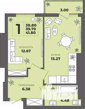 1-к квартира, строящийся дом, 40м2, 4/8 этаж