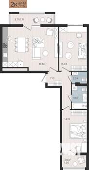 2-к квартира, вторичка, 79м2, 6/10 этаж