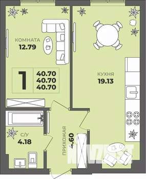 1-к квартира, строящийся дом, 41м2, 1/8 этаж
