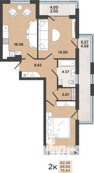 2-к квартира, сданный дом, 69м2, 1/8 этаж