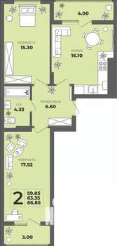 2-к квартира, строящийся дом, 63м2, 8/8 этаж