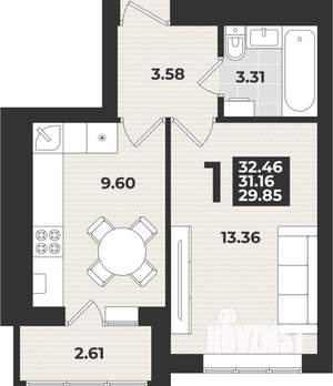 1-к квартира, вторичка, 32м2, 4/9 этаж
