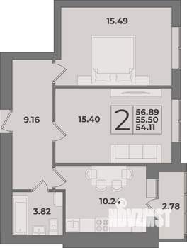 2-к квартира, строящийся дом, 57м2, 9/9 этаж
