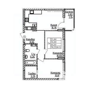 2-к квартира, строящийся дом, 56м2, 8/9 этаж