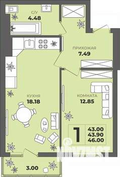 1-к квартира, строящийся дом, 44м2, 3/8 этаж