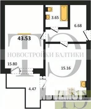 1-к квартира, вторичка, 44м2, 6/9 этаж