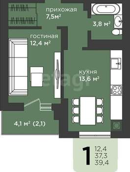 1-к квартира, вторичка, 37м2, 13/16 этаж