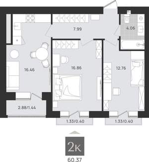 2-к квартира, вторичка, 60м2, 9/9 этаж