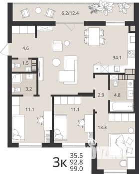 3-к квартира, вторичка, 93м2, 8/9 этаж