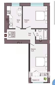 2-к квартира, вторичка, 55м2, 7/10 этаж