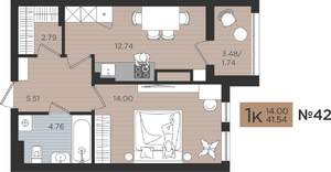 1-к квартира, вторичка, 42м2, 6/10 этаж