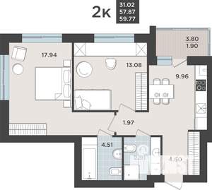 2-к квартира, вторичка, 58м2, 1/9 этаж