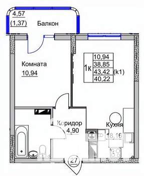 1-к квартира, вторичка, 40м2, 4/9 этаж