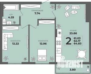 2-к квартира, строящийся дом, 62м2, 1/8 этаж