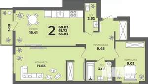 2-к квартира, строящийся дом, 62м2, 2/8 этаж