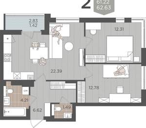 2-к квартира, вторичка, 61м2, 6/9 этаж