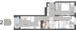2-к квартира, вторичка, 57м2, 2/9 этаж