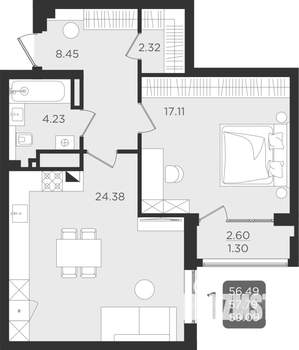 1-к квартира, строящийся дом, 58м2, 4/9 этаж