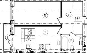 1-к квартира, строящийся дом, 46м2, 6/9 этаж