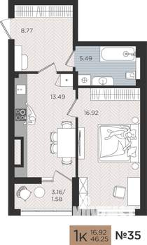 1-к квартира, вторичка, 46м2, 6/10 этаж