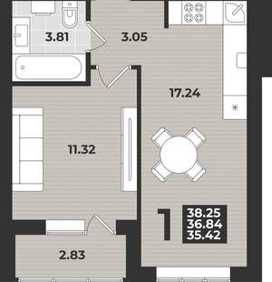 1-к квартира, вторичка, 38м2, 4/9 этаж
