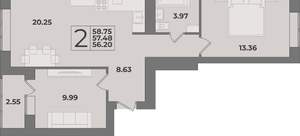 2-к квартира, вторичка, 59м2, 1/9 этаж