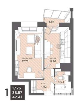 1-к квартира, вторичка, 42м2, 7/25 этаж