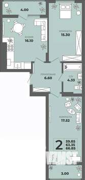 2-к квартира, вторичка, 63м2, 8/8 этаж