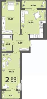 2-к квартира, вторичка, 63м2, 4/8 этаж