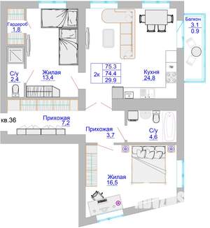 2-к квартира, вторичка, 75м2, 8/8 этаж