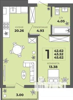 1-к квартира, строящийся дом, 44м2, 6/8 этаж