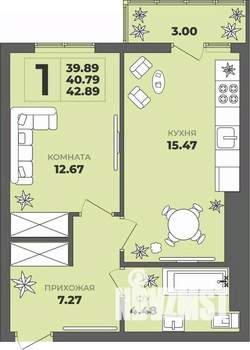1-к квартира, строящийся дом, 41м2, 7/8 этаж