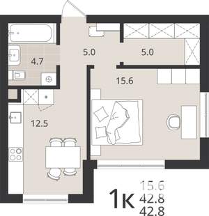 1-к квартира, вторичка, 43м2, 1/9 этаж