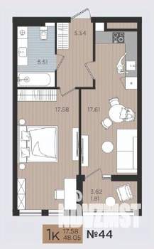 1-к квартира, строящийся дом, 48м2, 8/10 этаж