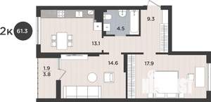 2-к квартира, вторичка, 61м2, 1/9 этаж