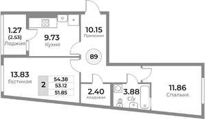 2-к квартира, строящийся дом, 53м2, 5/10 этаж