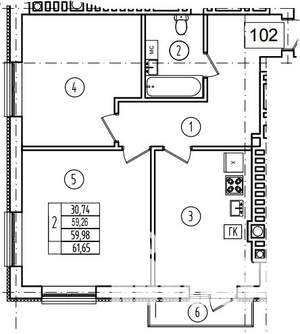 2-к квартира, строящийся дом, 60м2, 7/9 этаж