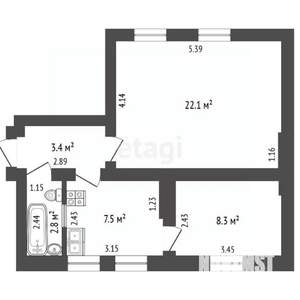 2-к квартира, вторичка, 44м2, 1/5 этаж