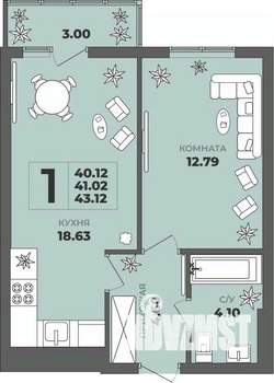1-к квартира, строящийся дом, 41м2, 2/8 этаж