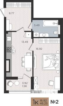 1-к квартира, вторичка, 46м2, 2/10 этаж