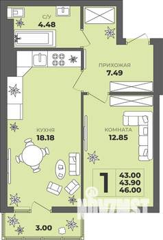 1-к квартира, строящийся дом, 44м2, 7/8 этаж