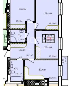 3-к квартира, строящийся дом, 73м2, 4/9 этаж
