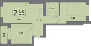 2-к квартира, вторичка, 57м2, 1/9 этаж