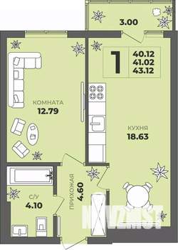 1-к квартира, строящийся дом, 41м2, 6/8 этаж