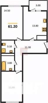 2-к квартира, вторичка, 61м2, 3/9 этаж