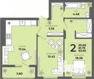 2-к квартира, строящийся дом, 62м2, 8/8 этаж
